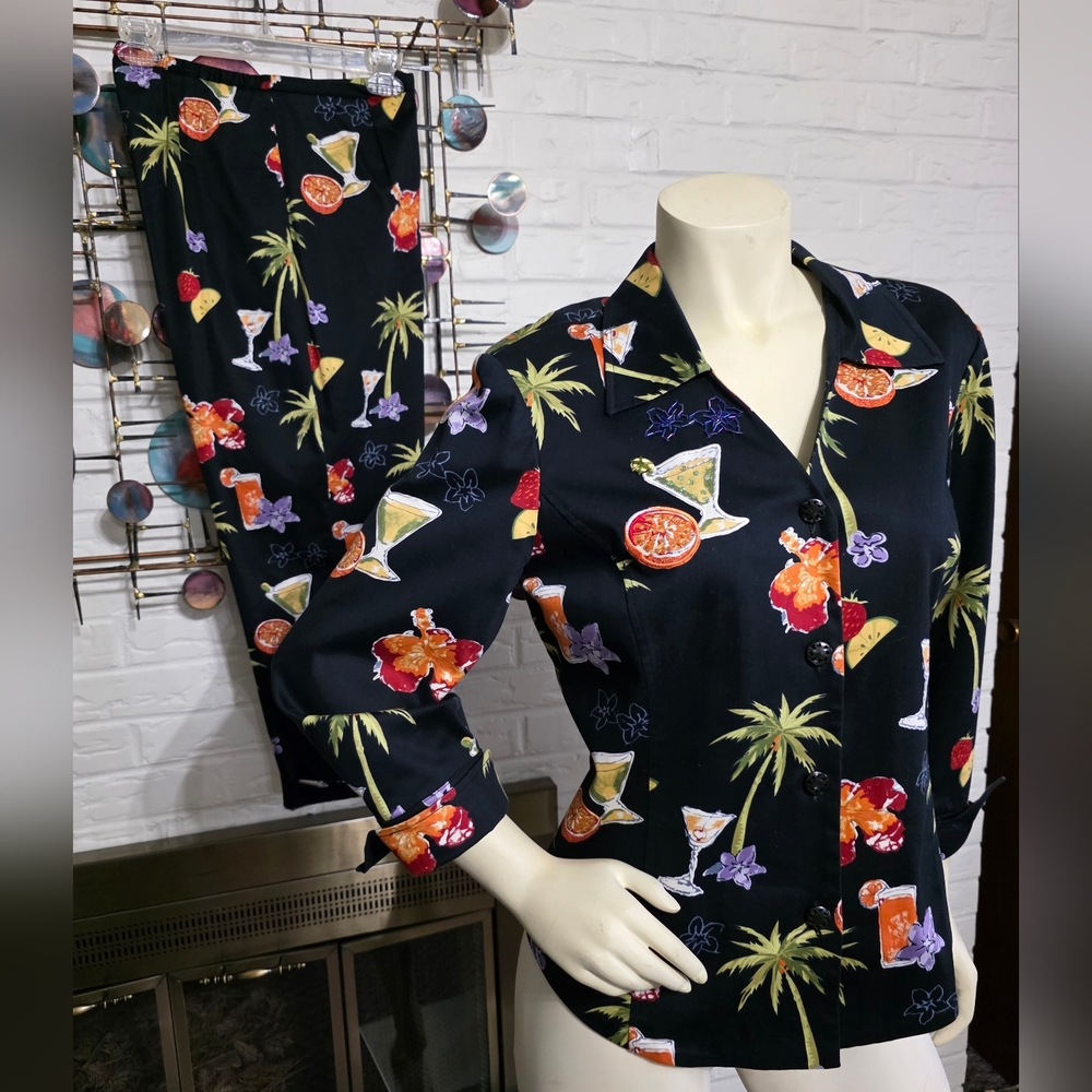 NANCY BOLEN | Tropical Print Black 2 Pc  Coordinate (Jacket & Pants)
